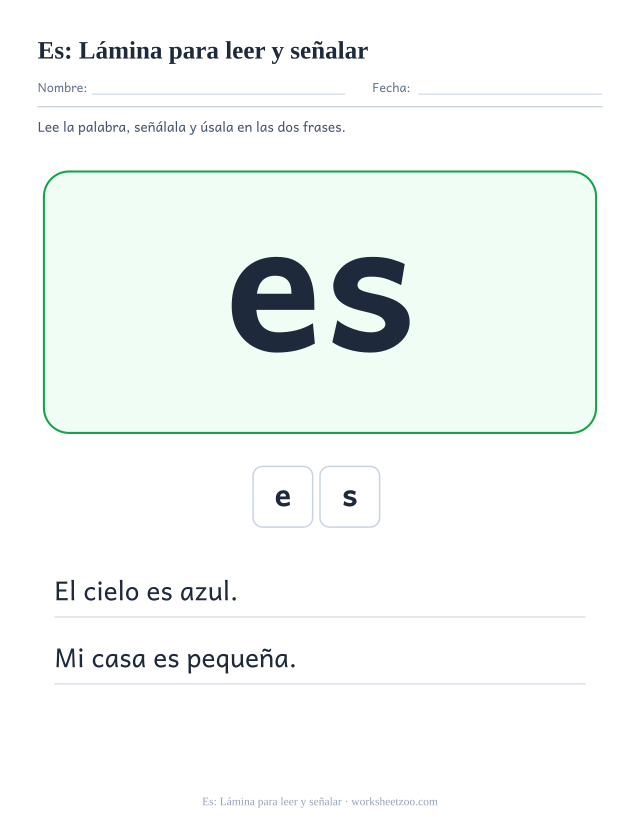 Ficha de la palabra frecuente «es», lámina para leer y señalar para imprimir