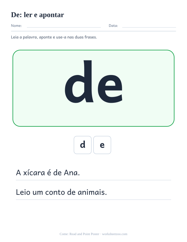 Prévia da palavra frequente “de”, ler e apontar
