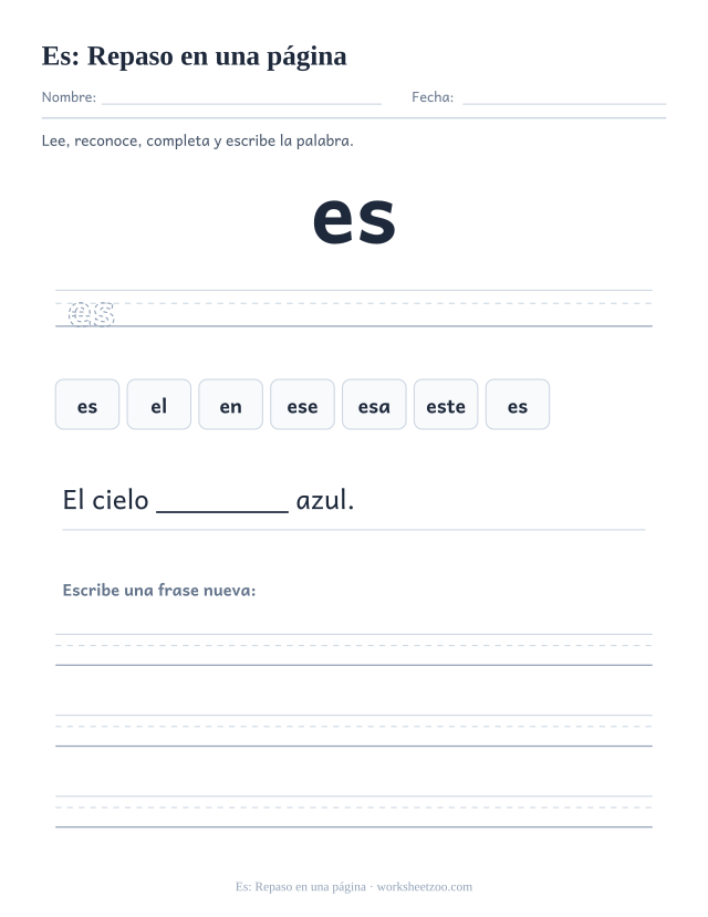 Ficha de la palabra frecuente «es», repaso en una página para imprimir