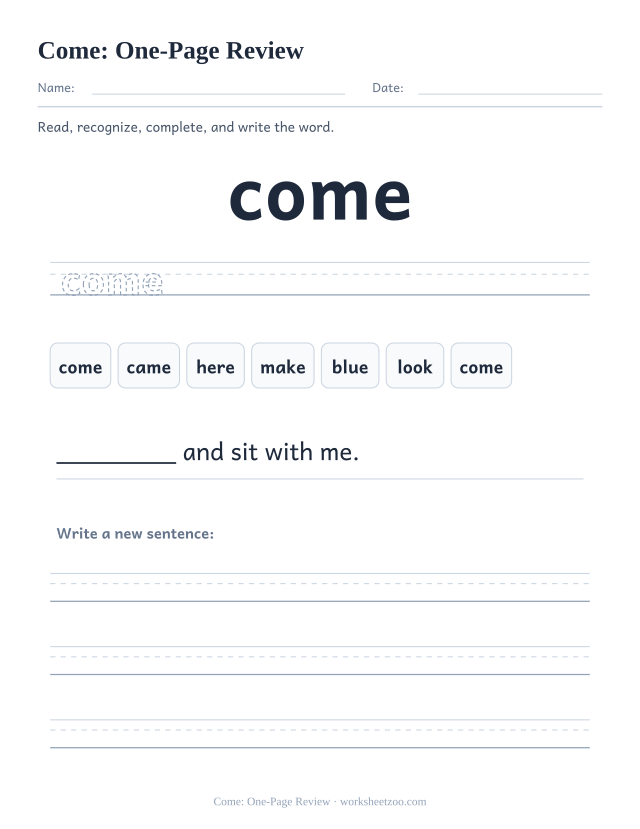Sight word “come” worksheet, one-page review printable activity