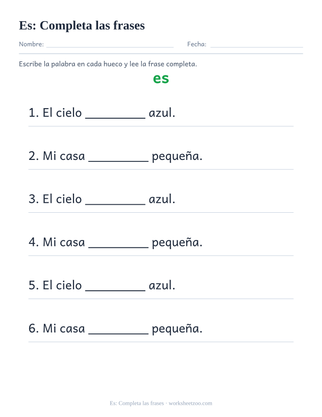 Ficha de la palabra frecuente «es», completa las frases para imprimir