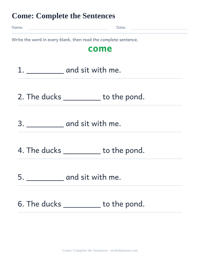 Sight word “come” worksheet, complete the sentences printable activity