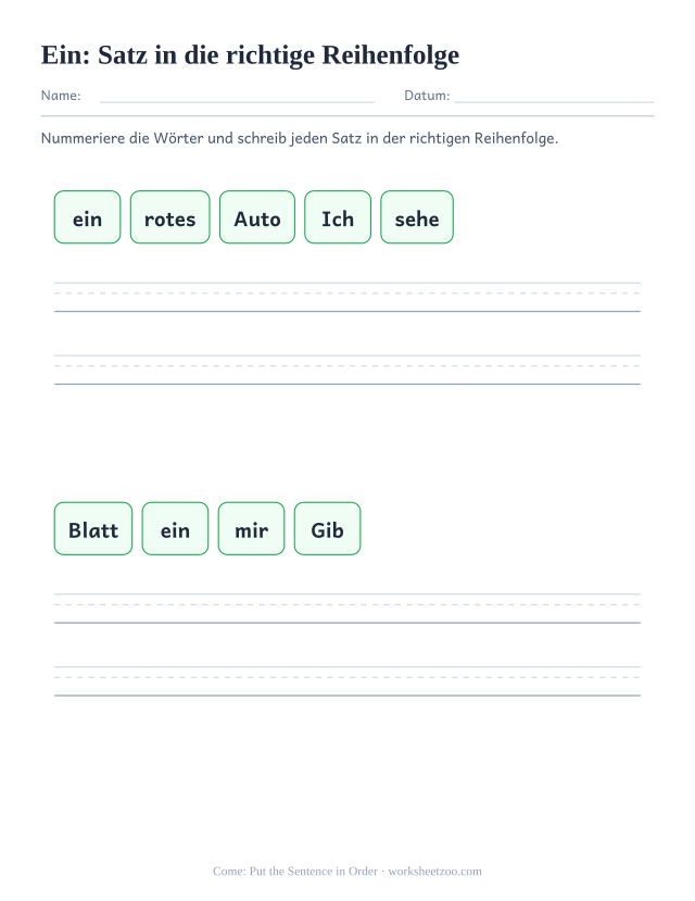 Vorschau: häufiges Wort „ein“, Satz in die richtige Reihenfolge