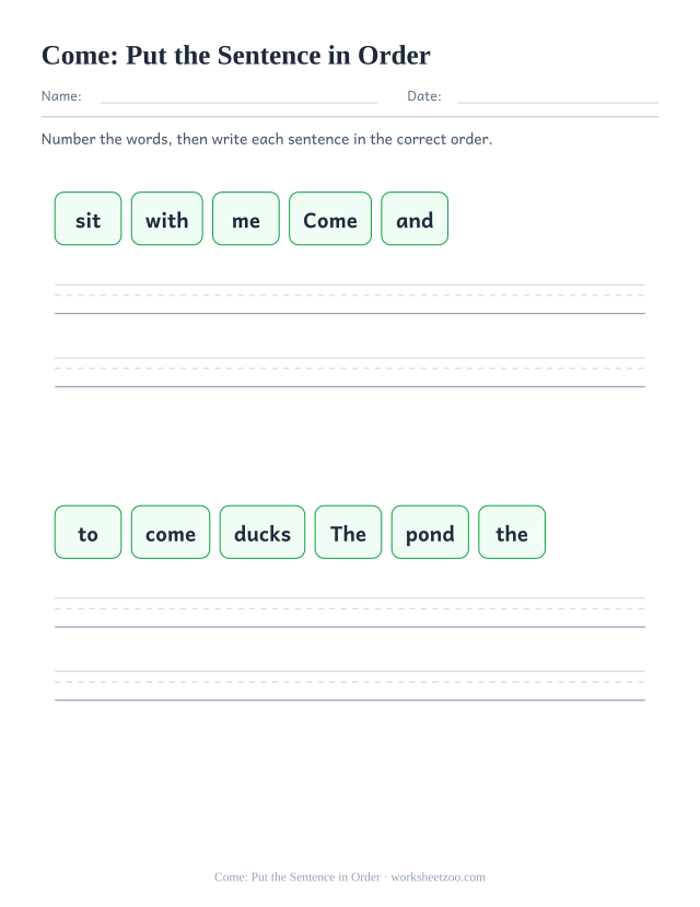 Sight word “come” worksheet, put the sentence in order printable activity
