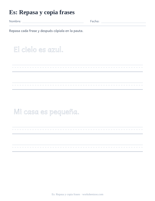 Ficha de la palabra frecuente «es», repasa y copia frases para imprimir