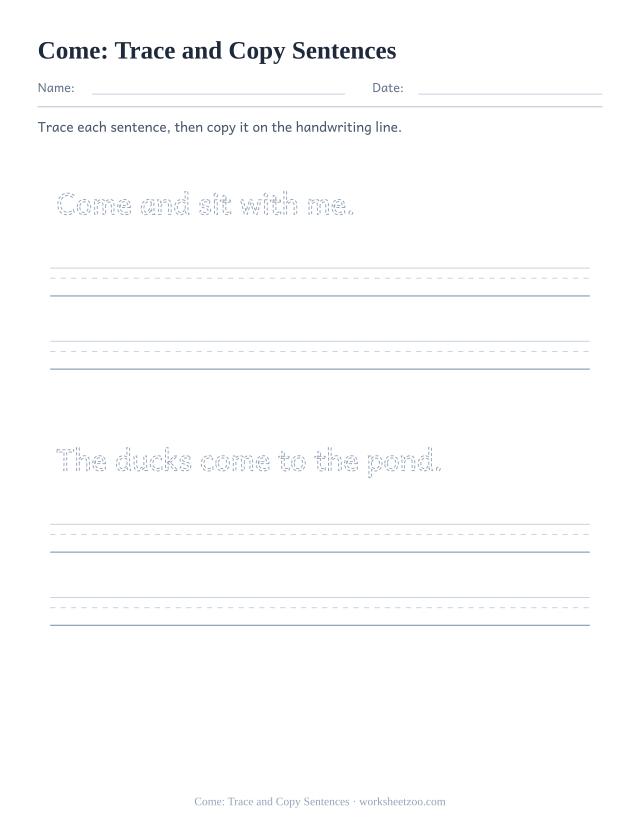 Sight word “come” worksheet, trace and copy sentences printable activity