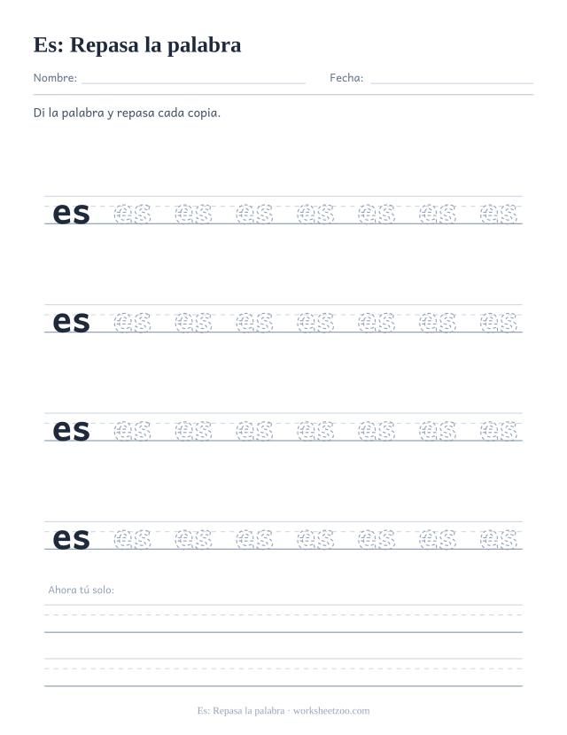 Ficha de la palabra frecuente «es», repasa la palabra para imprimir
