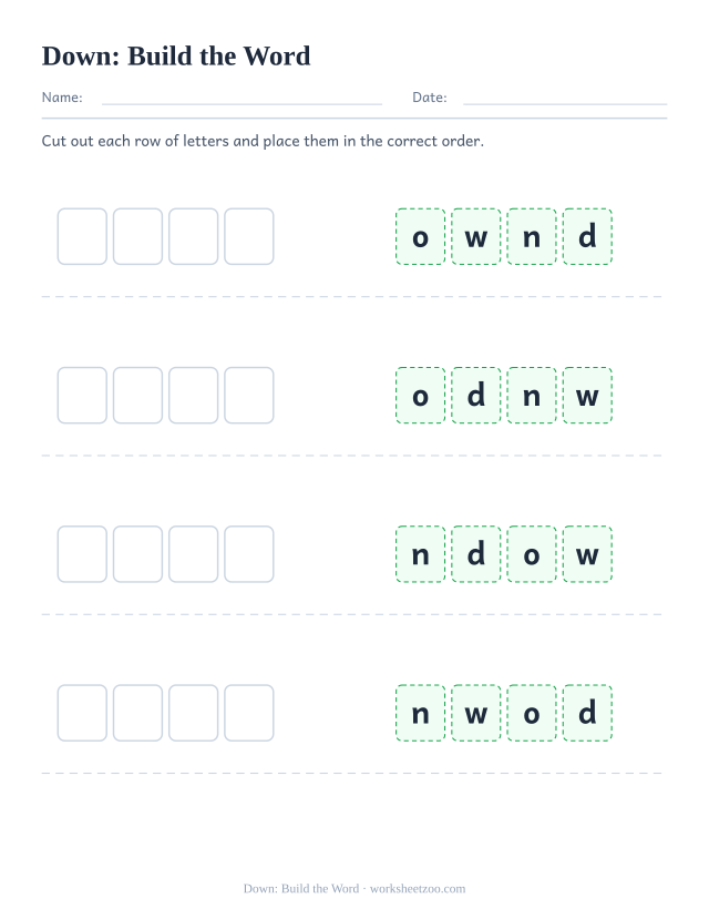 Sight word “down” worksheet, build the word printable activity