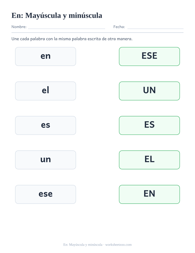 Ficha de la palabra frecuente «en», mayúscula y minúscula para imprimir