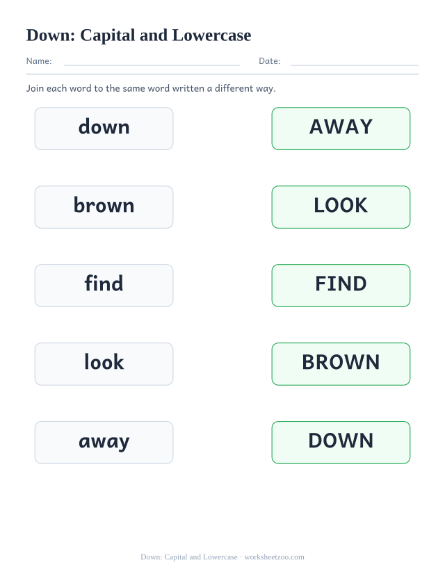 Sight word “down” worksheet, capital and lowercase printable activity