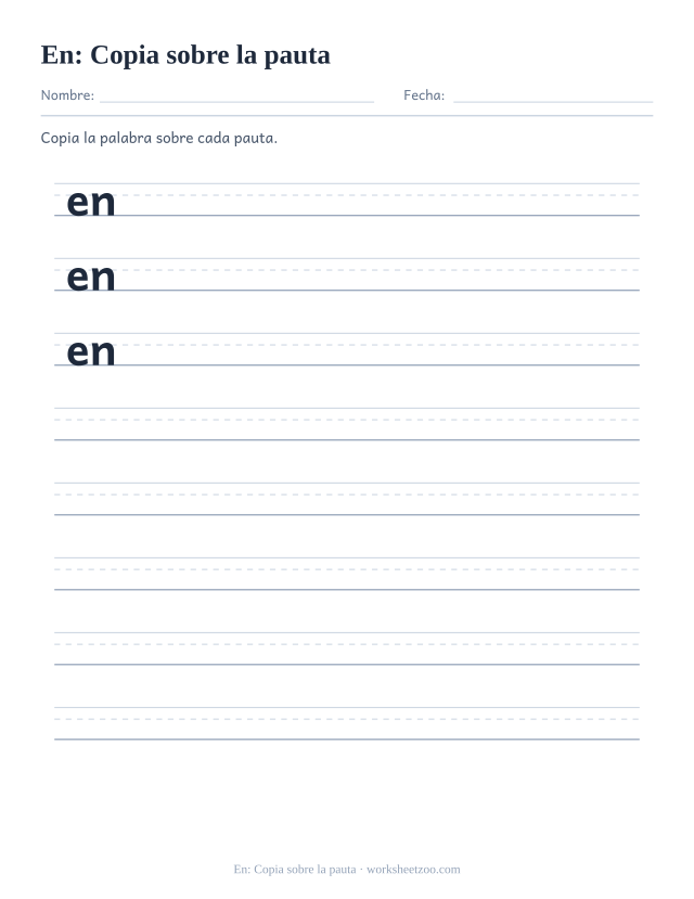 Ficha de la palabra frecuente «en», copia sobre la pauta para imprimir