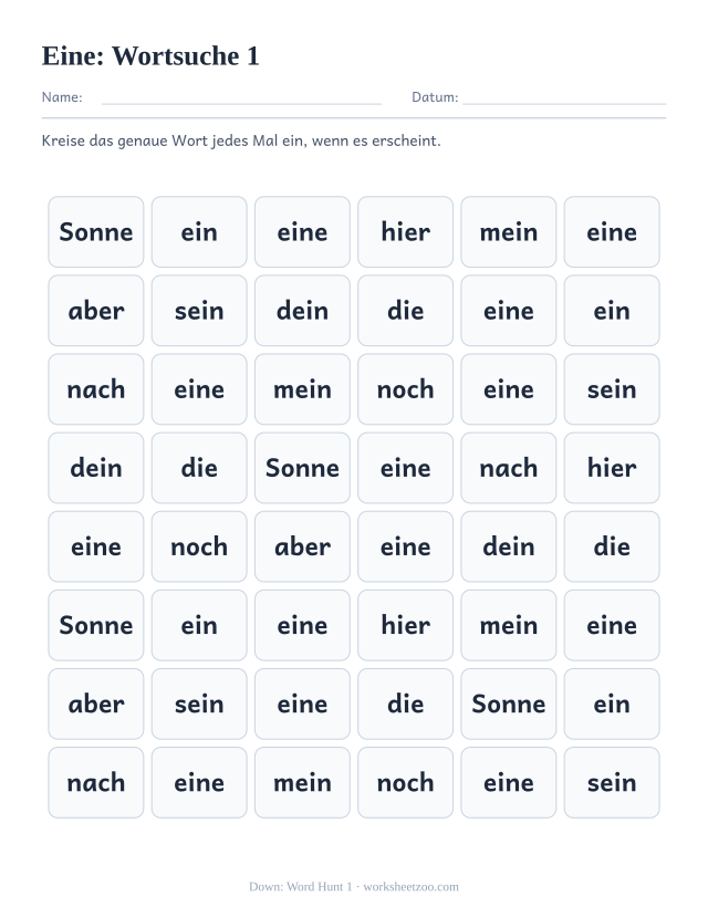 Vorschau: häufiges Wort „eine“, Wortsuche 1