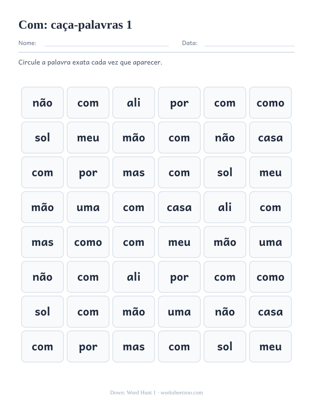 Prévia da palavra frequente “com”, caça-palavras 1