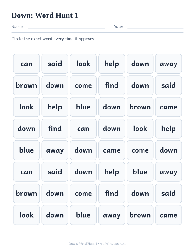 Sight word “down” worksheet, word hunt 1 printable activity