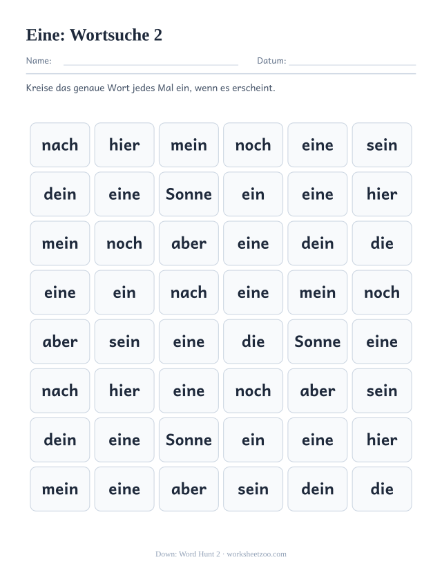 Vorschau: häufiges Wort „eine“, Wortsuche 2