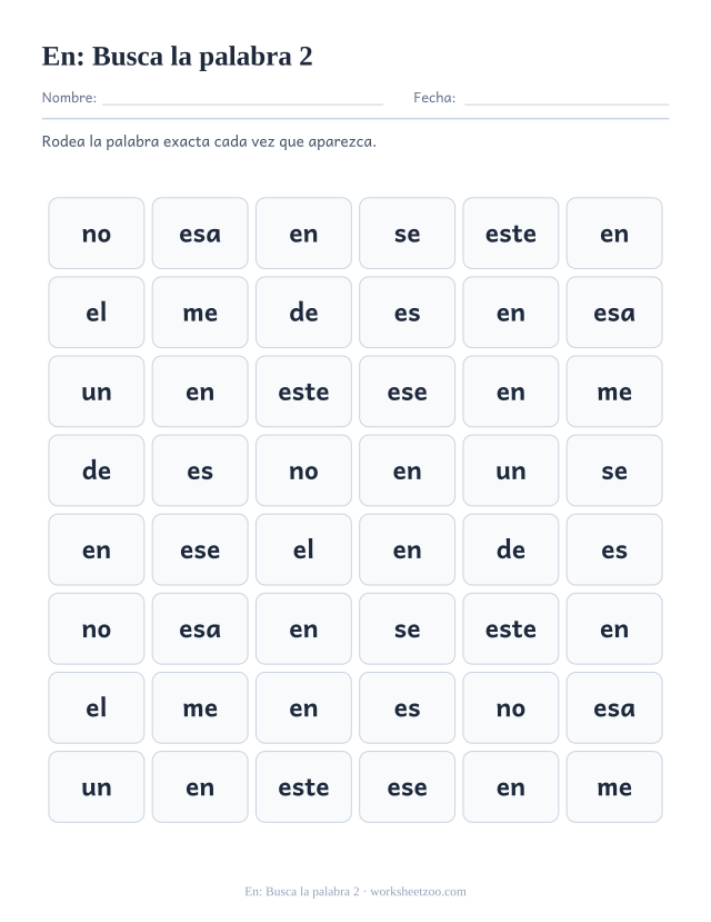 Ficha de la palabra frecuente «en», busca la palabra 2 para imprimir