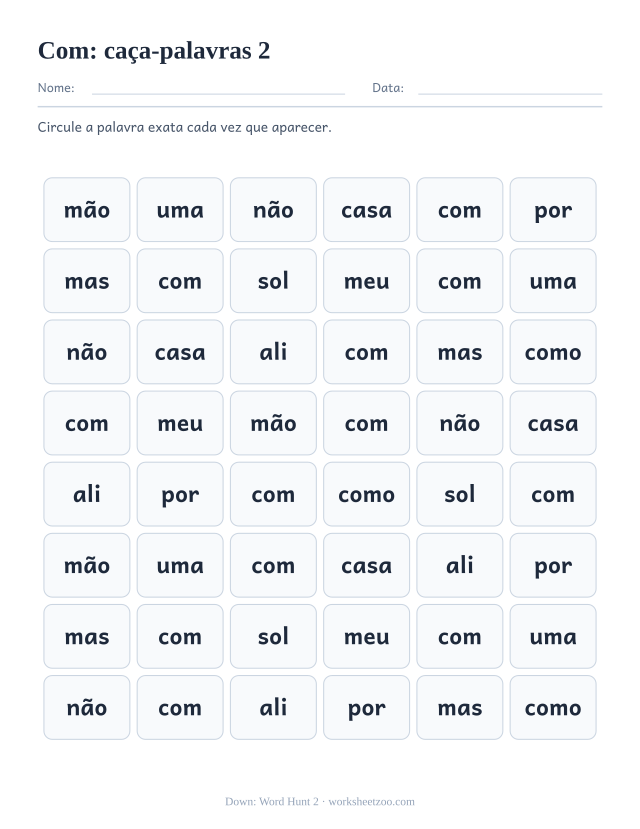 Prévia da palavra frequente “com”, caça-palavras 2