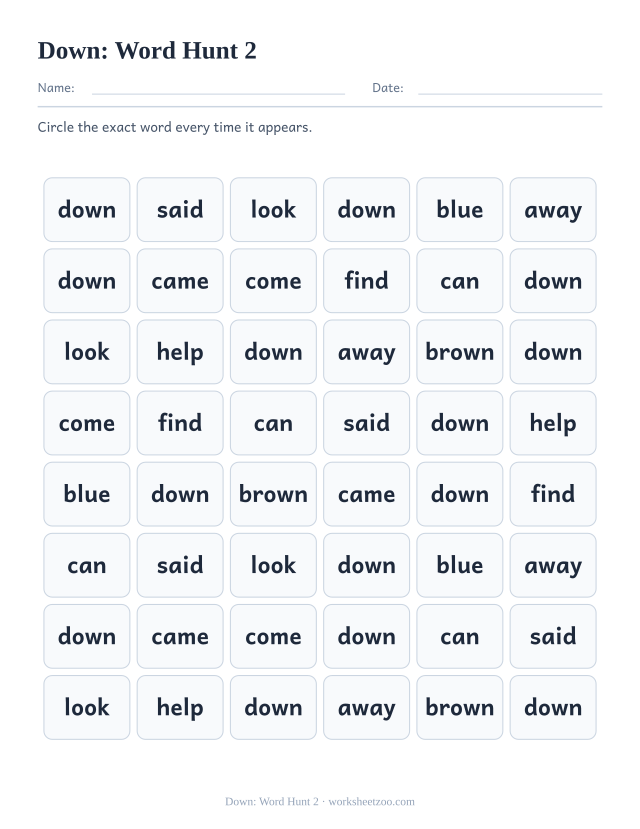 Sight word “down” worksheet, word hunt 2 printable activity