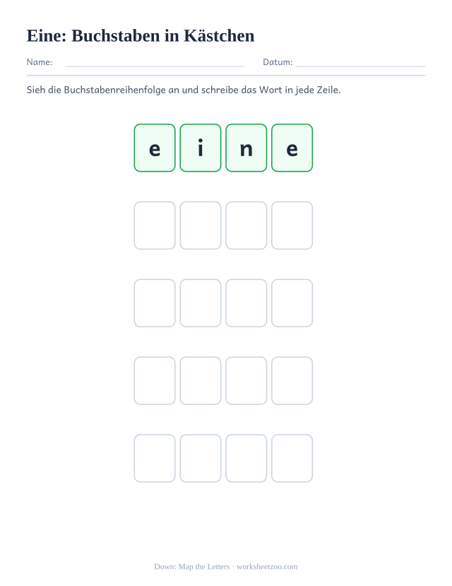 Vorschau: häufiges Wort „eine“, Buchstaben in Kästchen