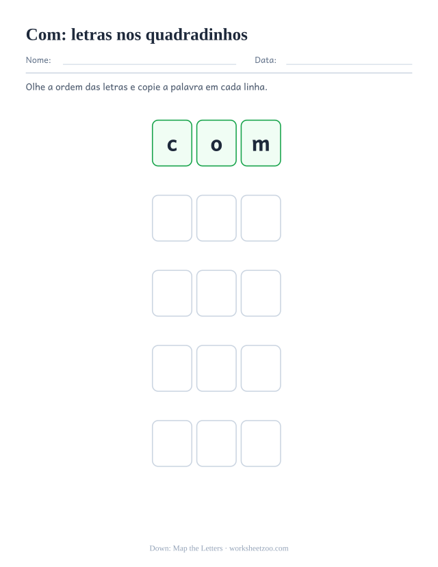 Prévia da palavra frequente “com”, letras nos quadradinhos
