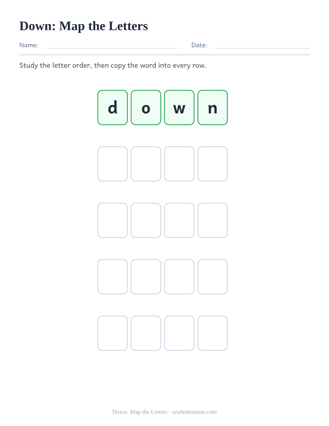 Sight word “down” worksheet, map the letters printable activity