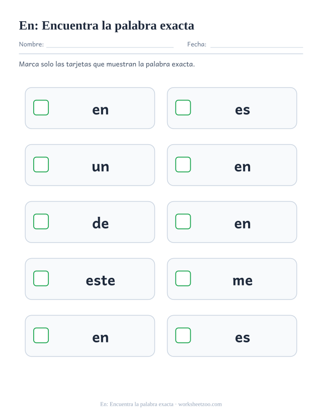 Ficha de la palabra frecuente «en», encuentra la palabra exacta para imprimir