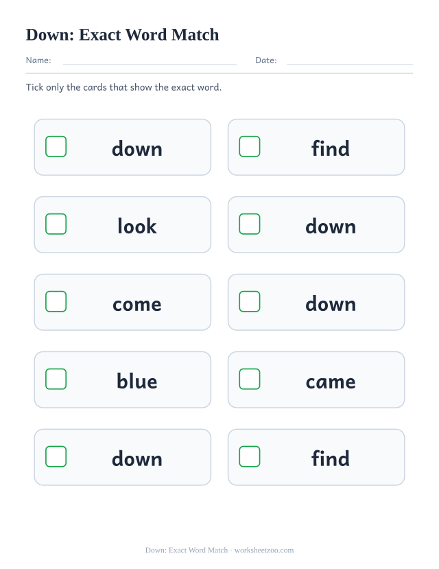 Sight word “down” worksheet, exact word match printable activity