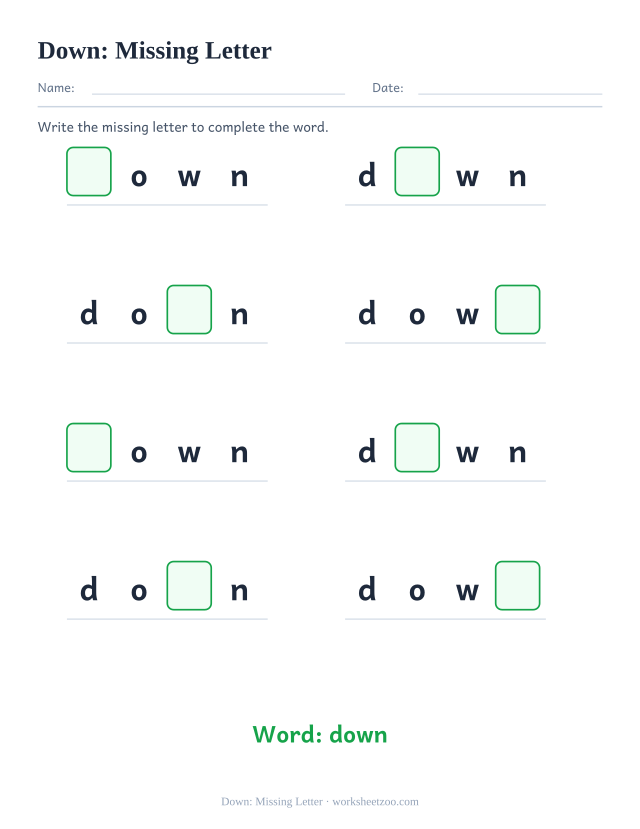 Sight word “down” worksheet, missing letter printable activity