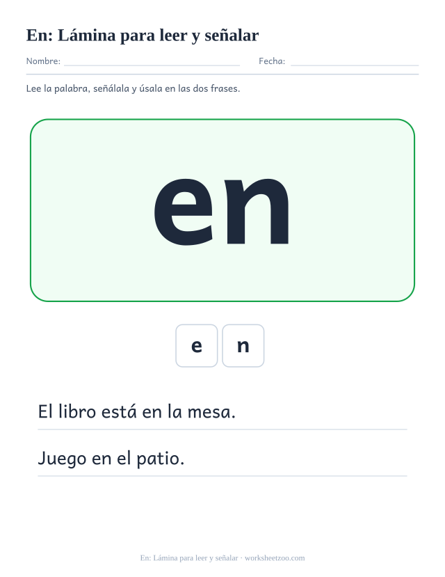 Ficha de la palabra frecuente «en», lámina para leer y señalar para imprimir