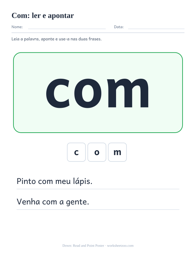 Prévia da palavra frequente “com”, ler e apontar