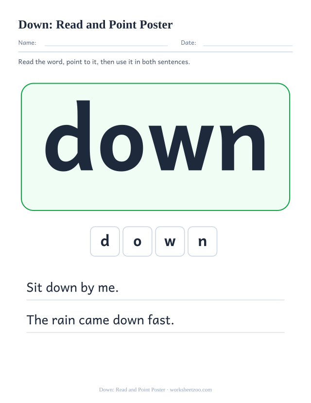 Sight word “down” worksheet, read and point poster printable activity
