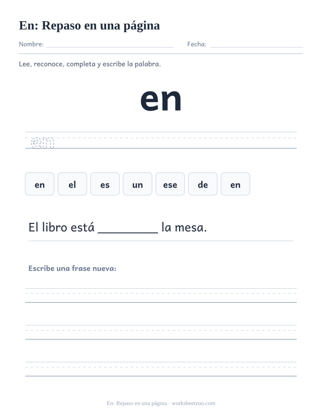 Ficha de la palabra frecuente «en», repaso en una página para imprimir