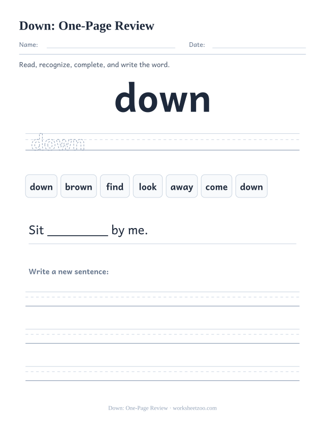 Sight word “down” worksheet, one-page review printable activity