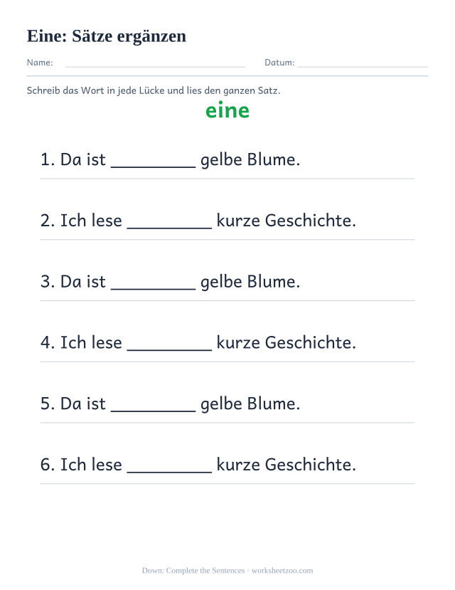 Vorschau: häufiges Wort „eine“, Sätze ergänzen