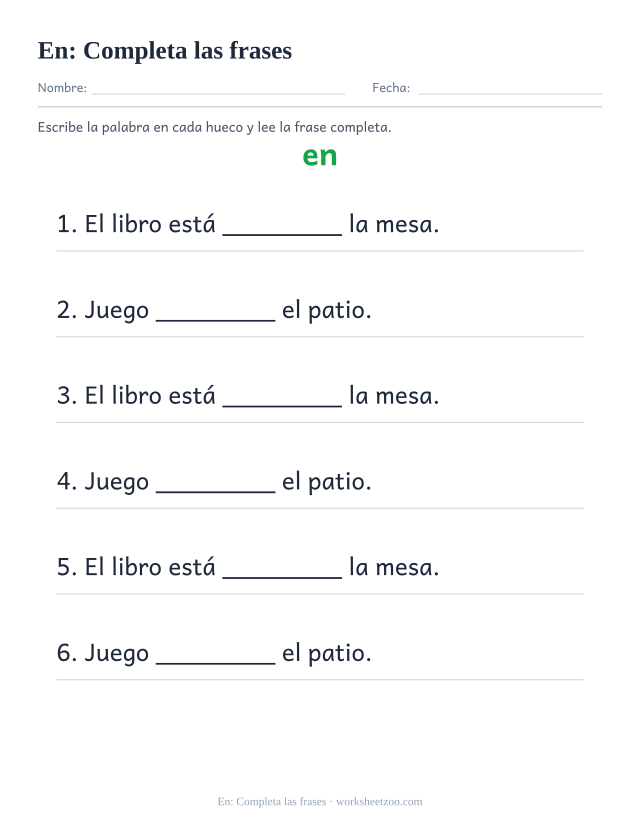 Ficha de la palabra frecuente «en», completa las frases para imprimir