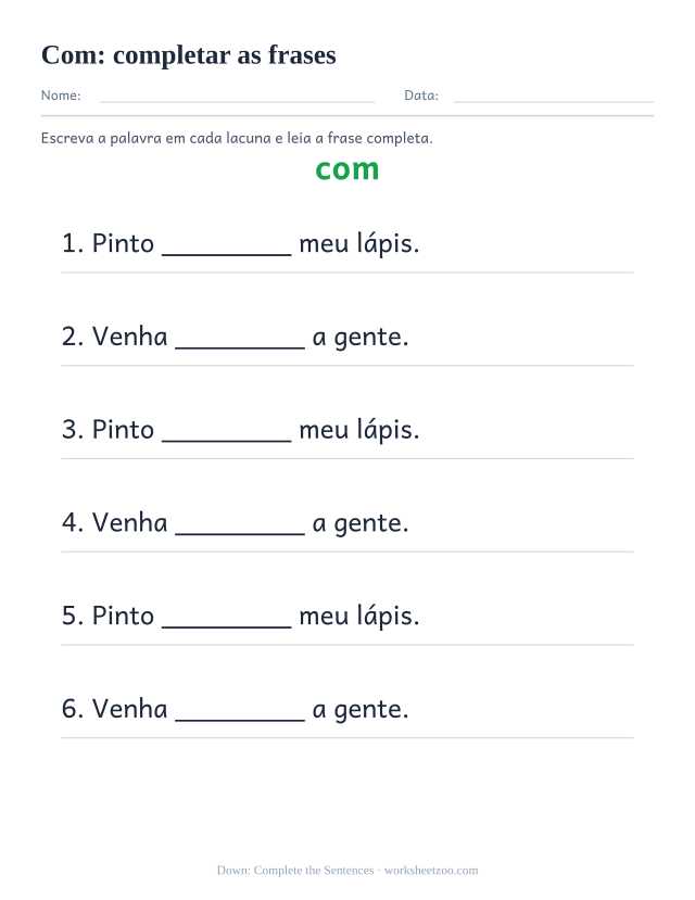 Prévia da palavra frequente “com”, completar as frases