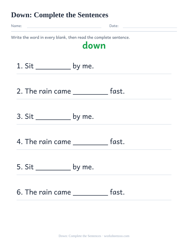 Sight word “down” worksheet, complete the sentences printable activity