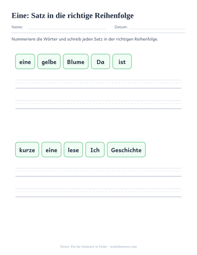 Vorschau: häufiges Wort „eine“, Satz in die richtige Reihenfolge