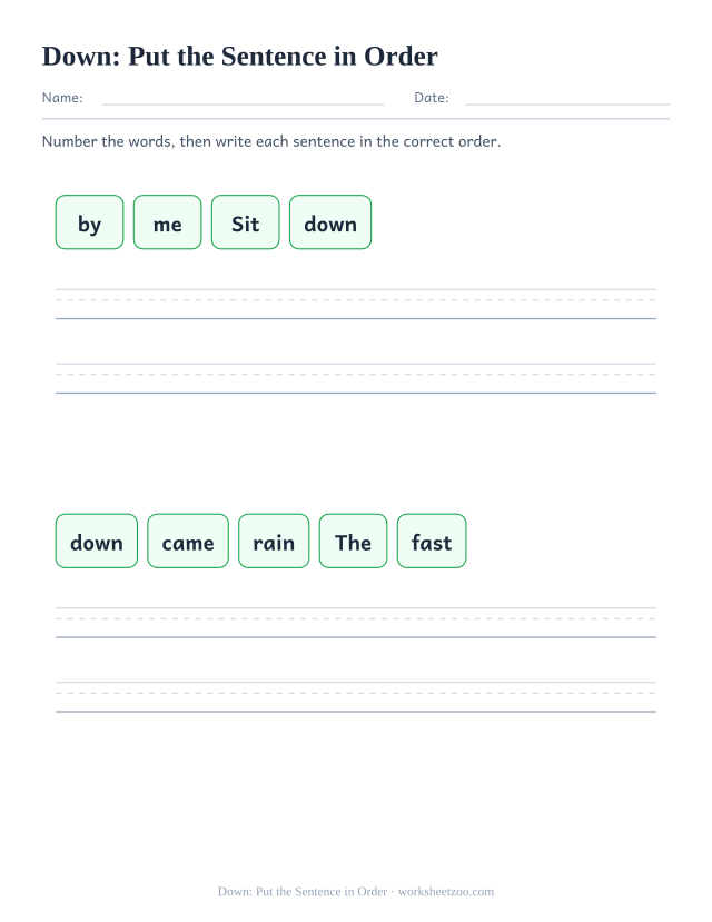 Sight word “down” worksheet, put the sentence in order printable activity