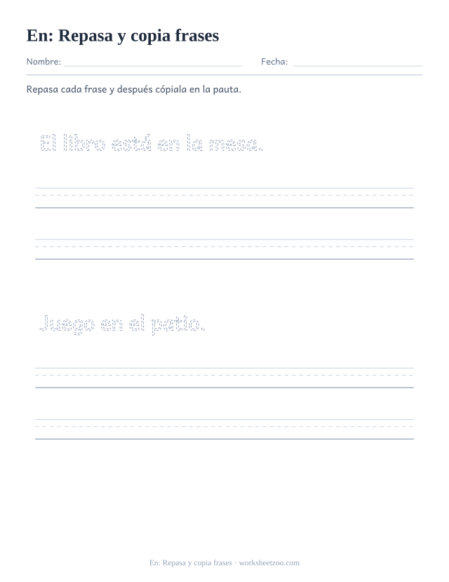 Ficha de la palabra frecuente «en», repasa y copia frases para imprimir