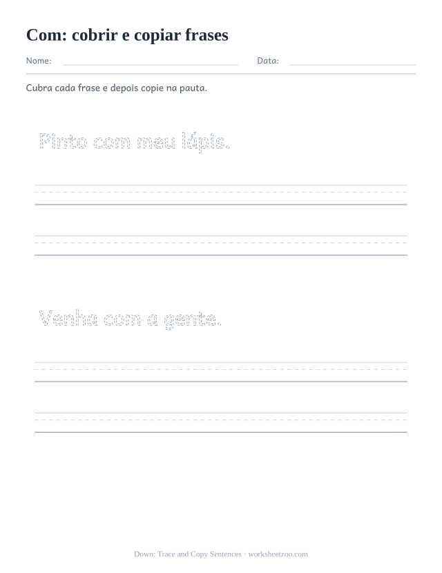 Prévia da palavra frequente “com”, cobrir e copiar frases