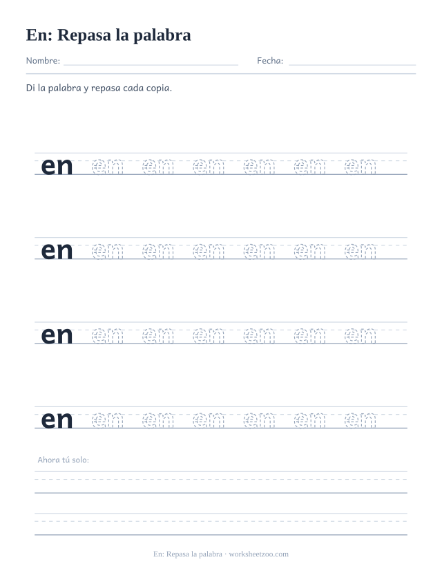 Ficha de la palabra frecuente «en», repasa la palabra para imprimir