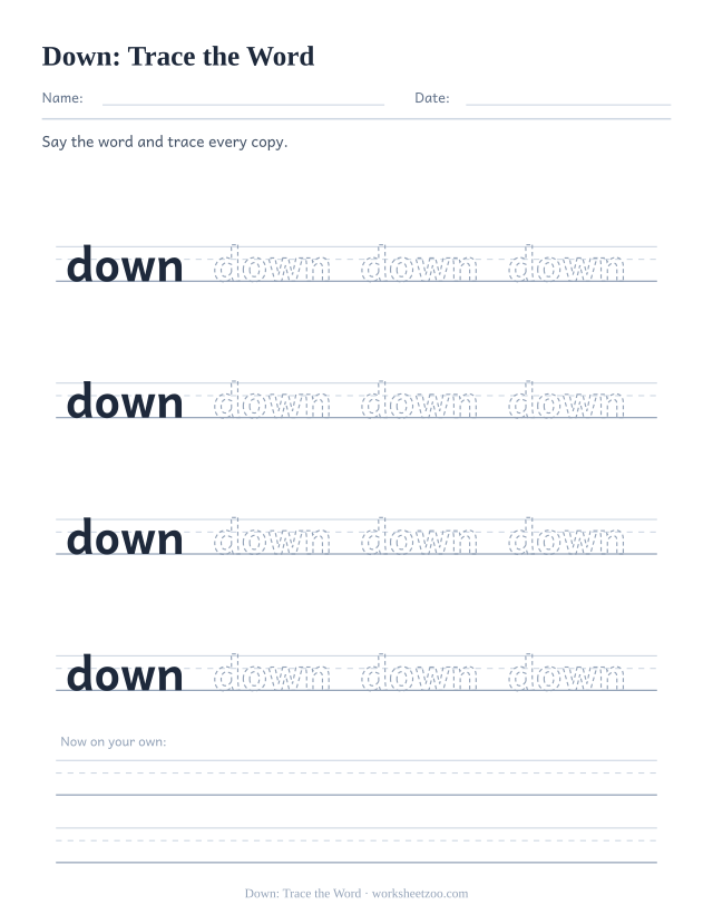 Sight word “down” worksheet, trace the word printable activity