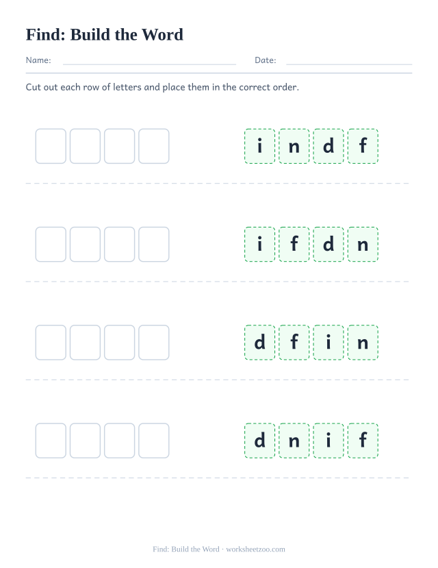 Sight word “find” worksheet, build the word printable activity
