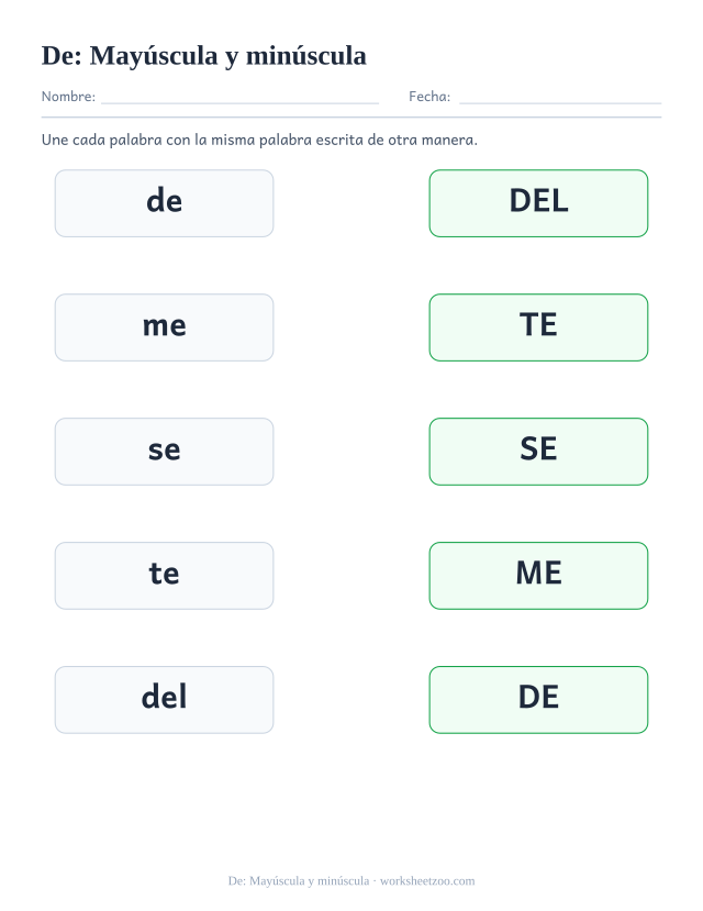 Ficha de la palabra frecuente «de», mayúscula y minúscula para imprimir