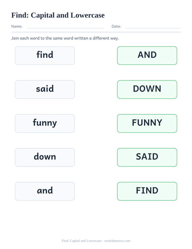 Sight word “find” worksheet, capital and lowercase printable activity