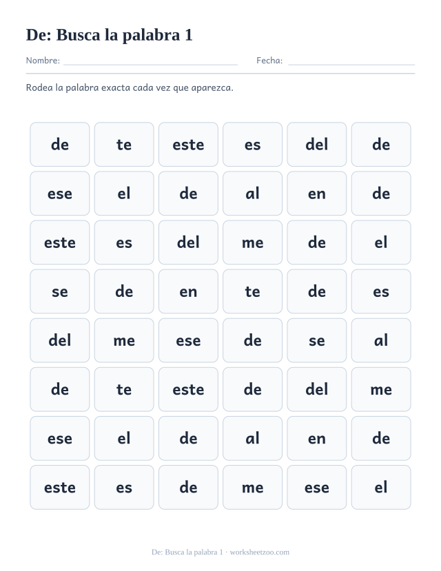 Ficha de la palabra frecuente «de», busca la palabra 1 para imprimir