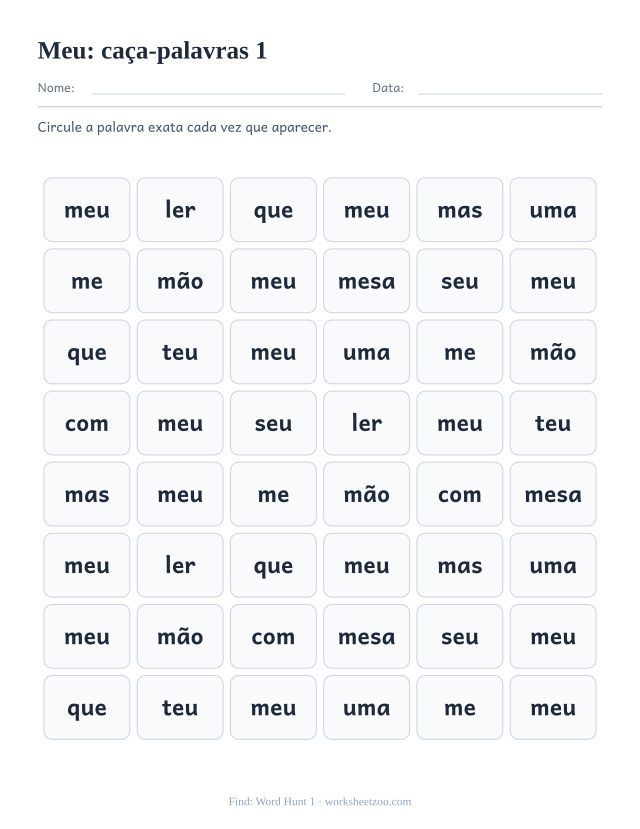 Prévia da palavra frequente “meu”, caça-palavras 1