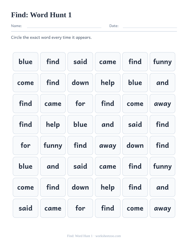 Sight word “find” worksheet, word hunt 1 printable activity