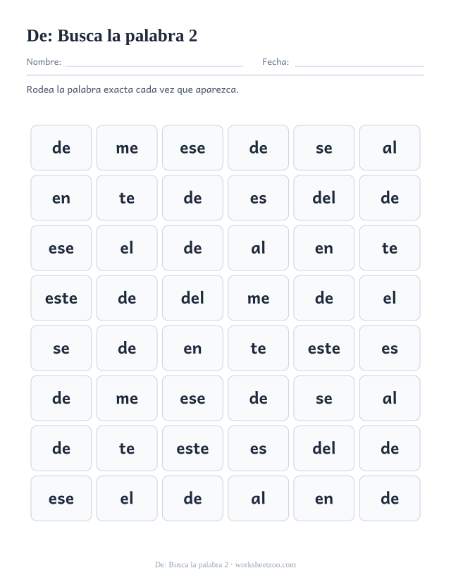 Ficha de la palabra frecuente «de», busca la palabra 2 para imprimir